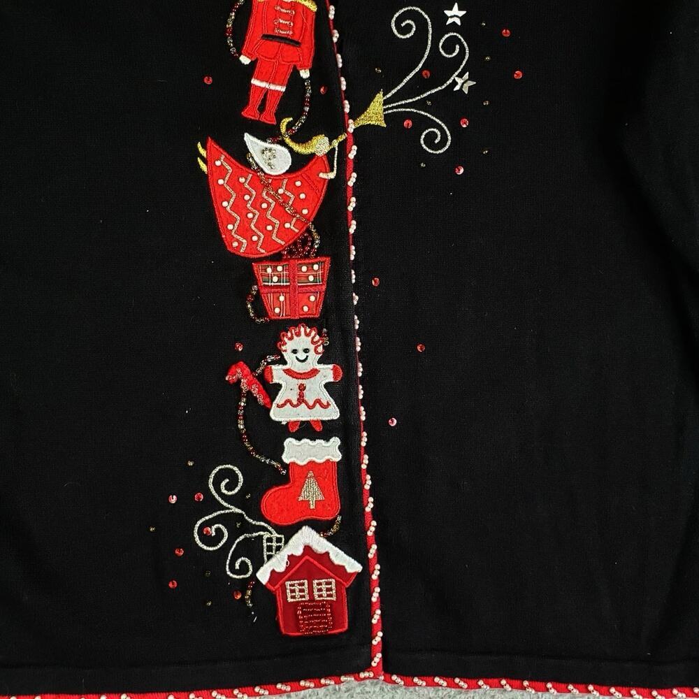 Vtg Berek Christmas Holiday Sweater Cardigan Women's Size XL Button Up Black Red - Picture 6 of 10